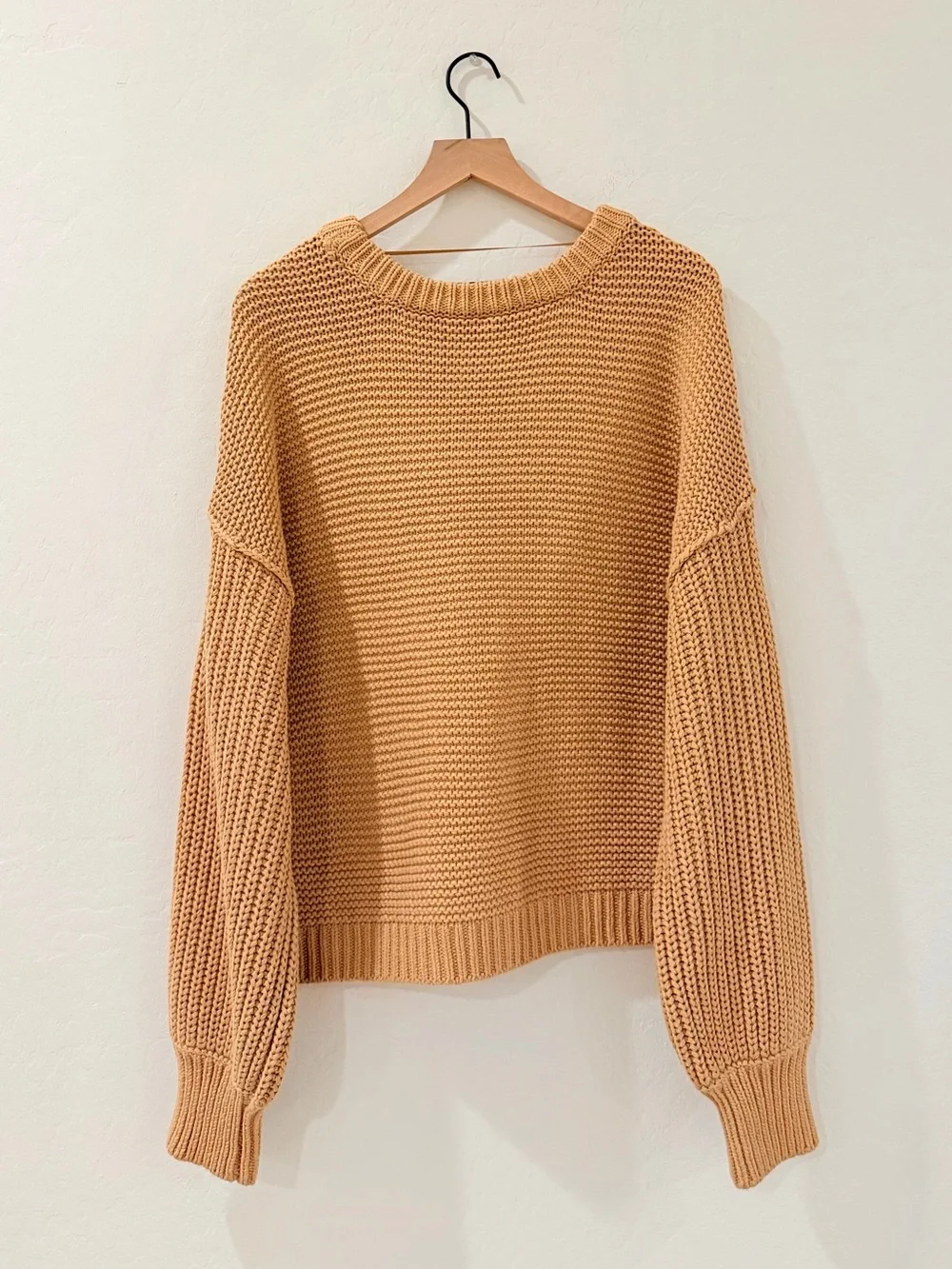 Free People Cable Knit Crewneck Sweater in Camel Tan